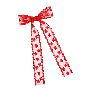 Elegant red lace bow hair clip with floral embroidery and long flowing ribbons
