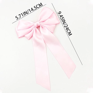 Detailed size specifications of pink satin ribbon bow hair clip with length measurements
