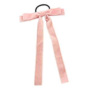 Sweet pink velvet bow hair tie with long ribbons for elegant ponytail styling