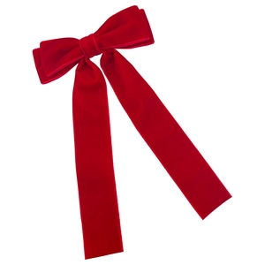 Elegant deep red velvet bow hair clip with long streamers on a clean white background