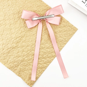 Pink silk bow hair clip with long ribbons and metal duckbill clip for women