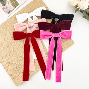French Vintage Velvet Bow Hair Clip Long Ribbon Streamer Elegant Handmade Duckbill Clip For Women Back Of Head Hair Accessory
