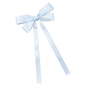Elegant light blue satin bow hair clip with long ribbons and smooth silky texture