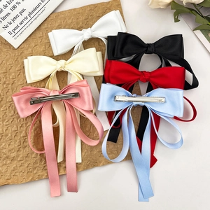 Elegant satin bow hair clip set in six colors with long trailing ribbon style
