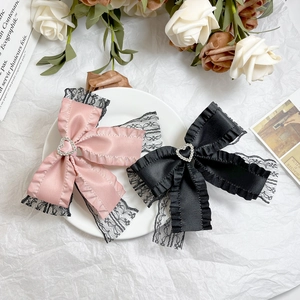 Korean Style Ribbon Bow Hair Clip With Lace Heart Rhinestone Elegant Satin Duckbill Clip For Women Daily Accessories