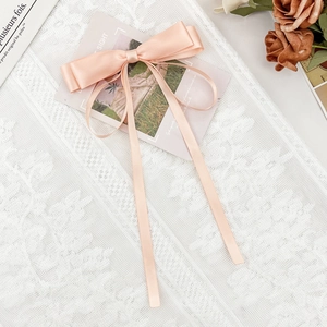 Détail d'une pince à cheveux avec nœud en satin rose champagne sur dentelle blanche