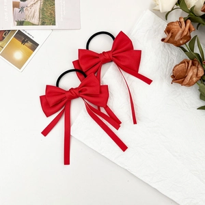 Elegant red bow hair tie with long ribbons and high-elastic band for women hair styling