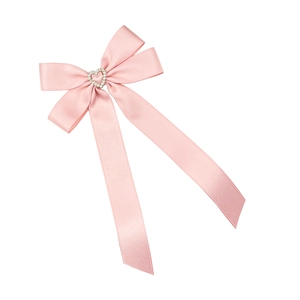 Barrette à cheveux en satin rose avec pendentif cœur strass et longs rubans