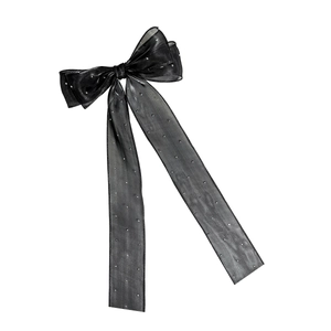 Elegant large black mesh bow hair clip with sparkling rhinestones and long flowing ribbons