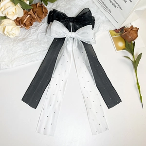 Elegant sparkling rhinestone mesh bow hair clips with long ribbons in black and white