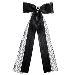 Elegant lace bow hair clip with heart rhinestone in black and white gothic style