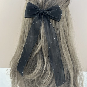 Women's Elegant Mesh Bow Streamer Hair Clip With Rhinestones Korean Style Large Bowknot Duckbill Clip Fashion Hair Accessory