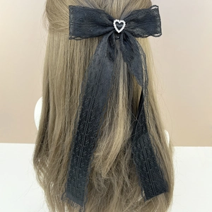 Elegant Lace Bow Streamer Hair Clip For Women Vintage Heart Rhinestone Spring Clip Sweet Hair Ornament Party Jewelry