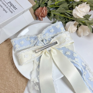 Barrette à cheveux élégante avec grand nœud en dentelle bleue, rubans et broderie florale