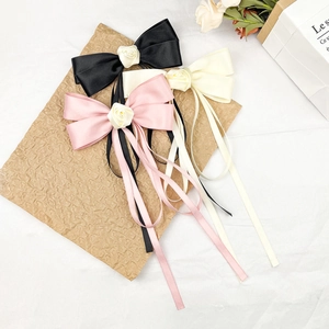 Elegant Large Ribbon Bow Hair Clip With Long Streamers And Rose Decor French Style Spring Clip Hair Accessories For Women