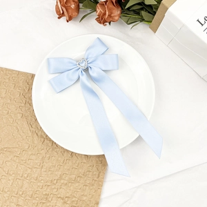 Détail d'un nœud papillon en satin bleu clair avec strass en forme de cœur