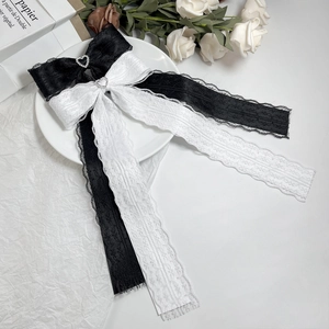 Elegant lace bow hair clips with heart rhinestone and long ribbons in black and white