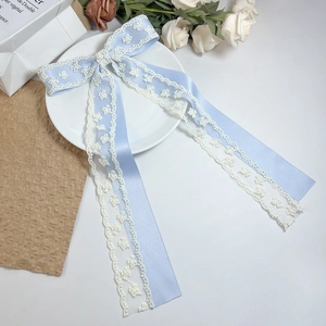 Vue détaillée du nœud en satin bleu clair avec dentelle blanche et longs rubans