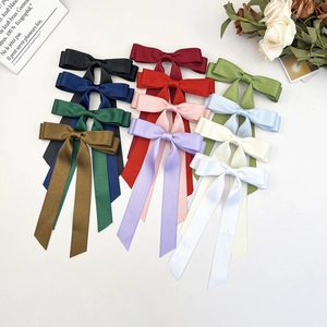 Elegant satin bow hair clips set with long ribbons in 12 assorted colors for women