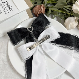 Elegant lace ribbon bow hair clips with heart rhinestone and metal spring fasteners