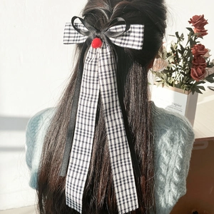 Barrette à cheveux style britannique avec n’ud pied-de-poule et ruban long