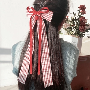 Pince à Cheveux Nœud à Carreaux Douce Avec Longs Rubans Pendentif Fraise Épingles à Cheveux en Tissu pour Femme Style Preppy