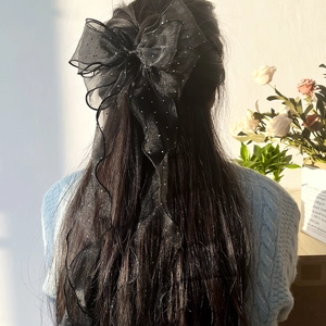 Eleganter großer schwarzer Tüll-Haarclip mit Glitzer und langen fließenden Bändern