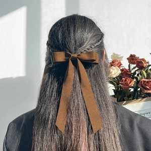 Elegant dark brown velvet bow hair clip with long ribbons on brunette wavy hair