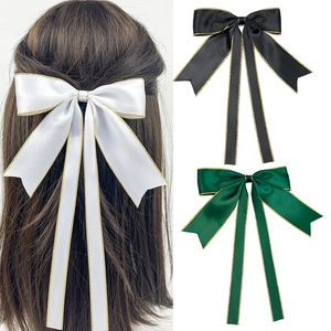 Pince à Cheveux Nœud en Satin avec Ruban Long Bord Doré Grande Barrette pour Femme Accessoires de Cheveux Élégants Quotidien Mariage
