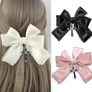 Pince à Cheveux Nœud en Satin Gothic Lolita Avec Pendentif Croix Ruban à Volants Accessoires Cheveux pour Femmes