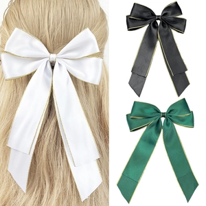 Elegant Large Satin Bow Hair Clip With Gold Edging Vintage French Style Streamer Hairpin For Women Daily Party Accessory