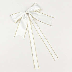 Nœud de cheveux élégant en satin blanc avec liseré doré et longs rubans fluides