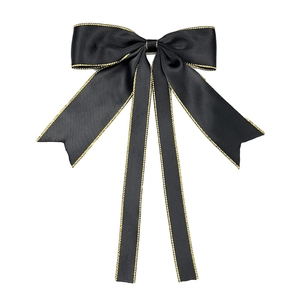 Barrette nœud en satin noir avec bords dorés scintillants et longs rubans pour femme