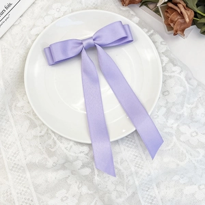 Close-up of lavender ribbon bow clip on white ceramic plate with floral lace detail