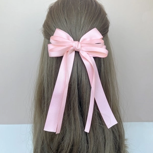 Elegant pink satin ribbon hair bow clip for women, ballet style handmade hair accessory