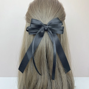 Elegant black satin multi-layer ballet bow hair clip with long silk ribbons for women