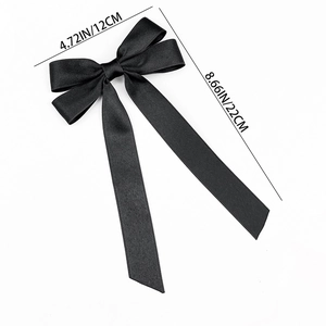 Elegant large black velvet bow hair clip with long ribbons, size 12cm by 22cm for women