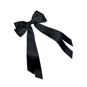 Elegant black satin bow hair clip with flowing ribbons and silk finish on white background