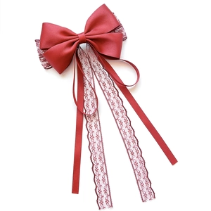 Elegant dark red satin bow hair clip with lace ribbons and a double-layered vintage design