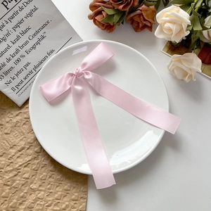 Pince à cheveux noeud en satin rose sur une assiette avec un fond floral élégant