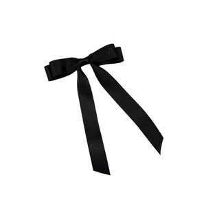 Elegant black satin bow hair clip with long ribbons for a stylish women hair accessory