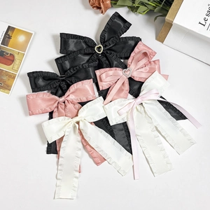 French Style Satin Bow Hair Clip With Ruffled Edge Rhinestone Heart Sweet Ribbon Hair Accessories For Women Girly Headwear