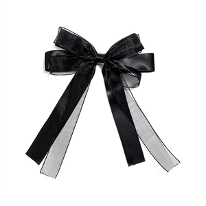 Elegant black double-layered organza bow hair clip with long ribbon tassels for women