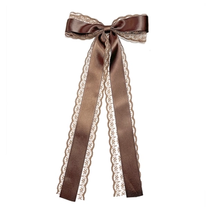 Brown satin and lace bow hair clip with long ribbons in vintage French Lolita style