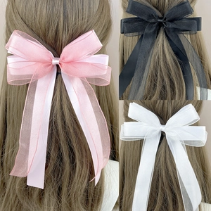 Large Mesh Organza Bow Hair Clip Double Layered Satin Ribbon Streamers Elegant Sweet Ethereal Alligator Clip Hair Accessory