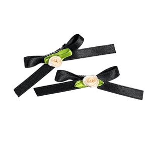 Floral black ribbon bow hair clips with cream roses and green leaves, set of two pieces