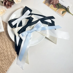 Pince à Cheveux Nœud Double Couche Rétro Français Avec Long Ruban de Satin Pince Bec de Canard Accessoires Cheveux Femme