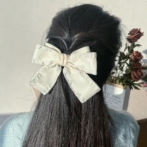 Détail d'un nœud papillon crème avec bords à volants sur de longs cheveux noirs
