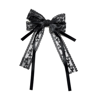 Elegant black lace bow hair clip with ribbons in a dreamy fairy style for women