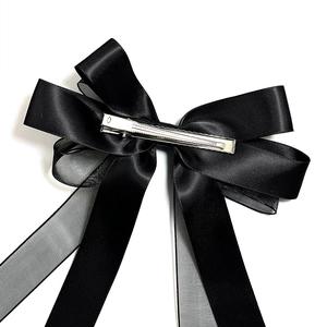 Elegant black tulle bow hair clip with long ribbons and metal duckbill fastener